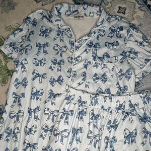 Katydid Blue Bow Print White Pajama Set